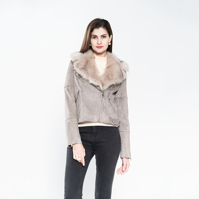 女式仿麂皮复合空气层机车夹克，领子和领驳装精致的人造毛